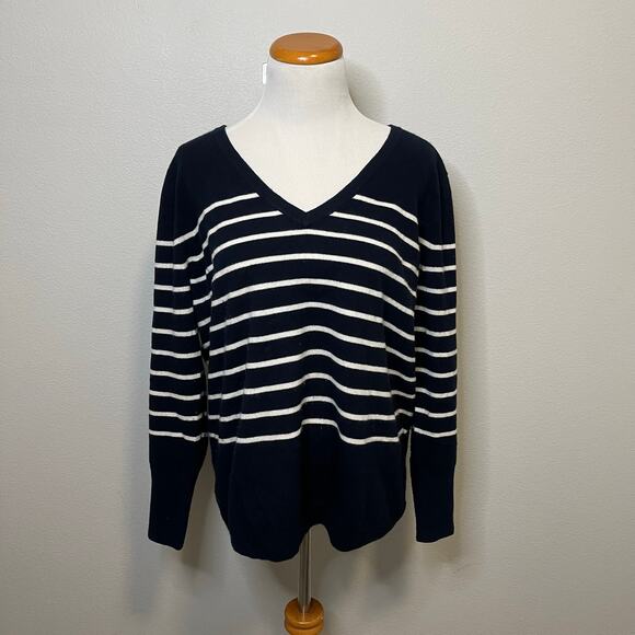 Pure Collection 100% Cashmere Sweater Striped V Neck Navy Blue White Women 8/10 - Picture 1 of 5